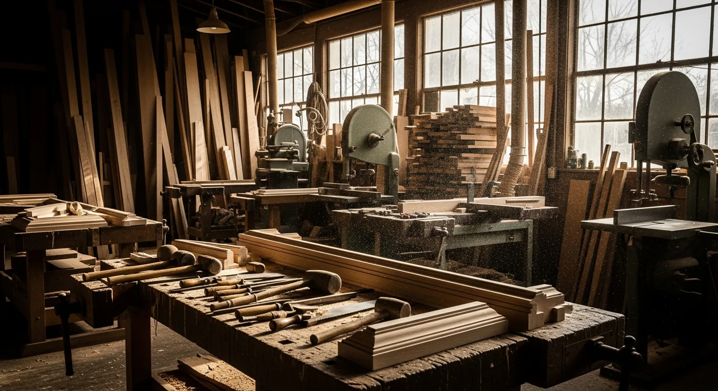 Woodworking machinery and work surfaces inside a millwork workshop