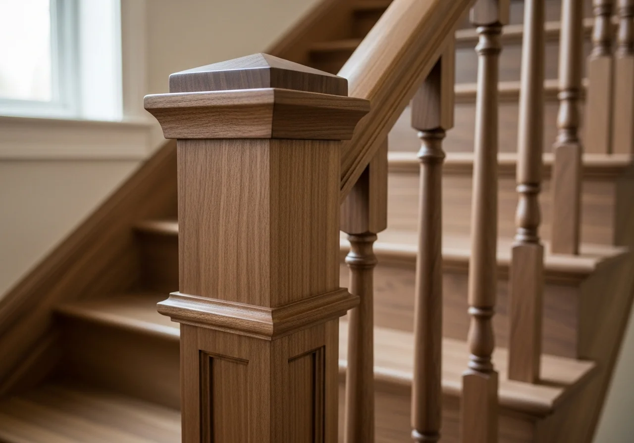 Carved wood detail along a staircase balustrade
